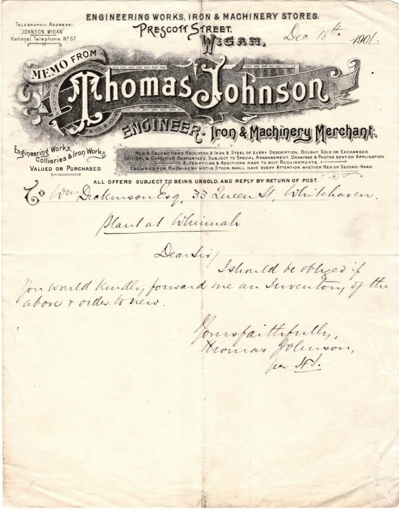 THOMAS JOHNSON LETTERHEAD 1901