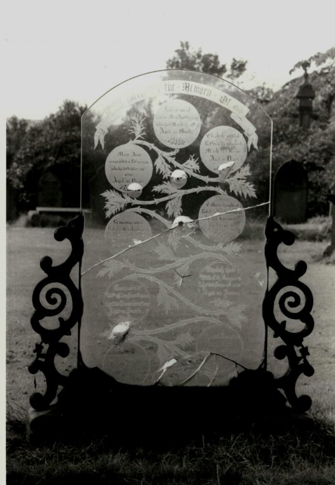 Engraved plate glass monument in Wigan Cemetery Engraved plate glass monument in Wigan Cemetery