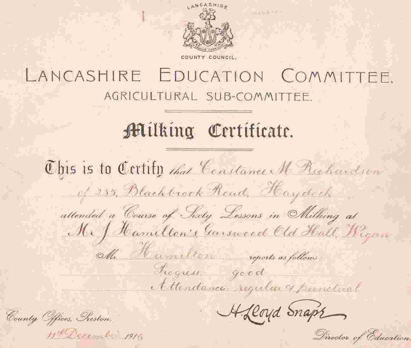 Milking Certificate, 1916. Milking Certificate, 1916.