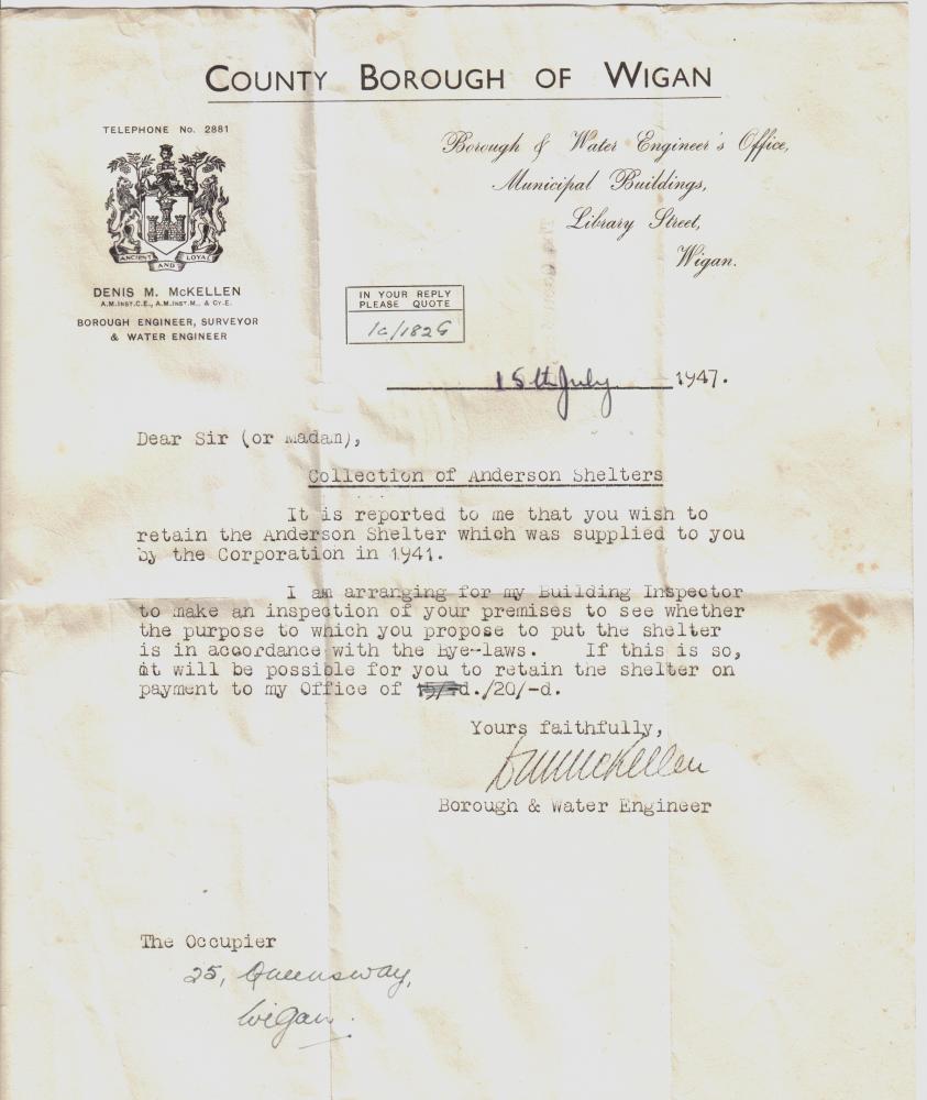 Anderson Shelter letter.