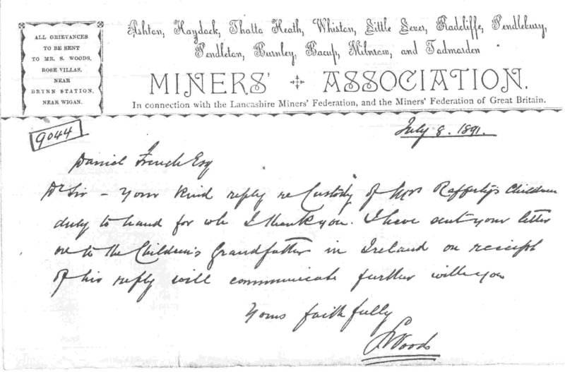 Letter from the Miners Association based at Bryn in the late 1800's.