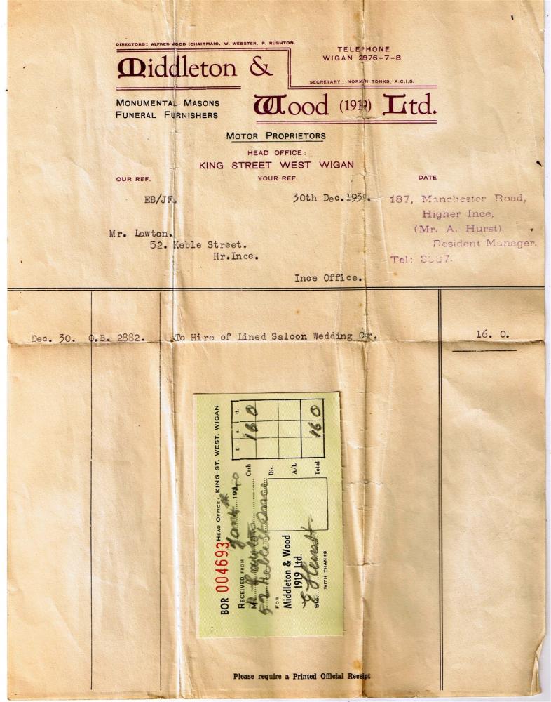 1939 receipt for wedding car. 1939 receipt for wedding car.