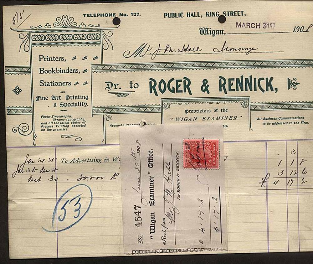 ROGER and RENNICK RECEIPT. 1908 ROGER and RENNICK RECEIPT. 1908