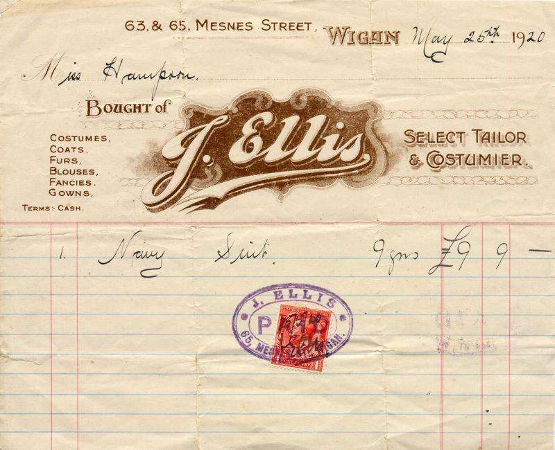 Ellis tailor & costumier receipt, 1921. Ellis tailor & costumier receipt, 1921.