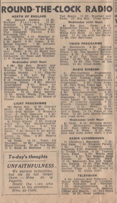 programme cutting from the Evening Post 1954