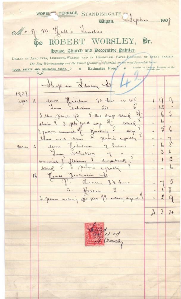 Robert Worsley, Decorator Receipt 1908 Robert Worsley, Decorator Receipt 1908