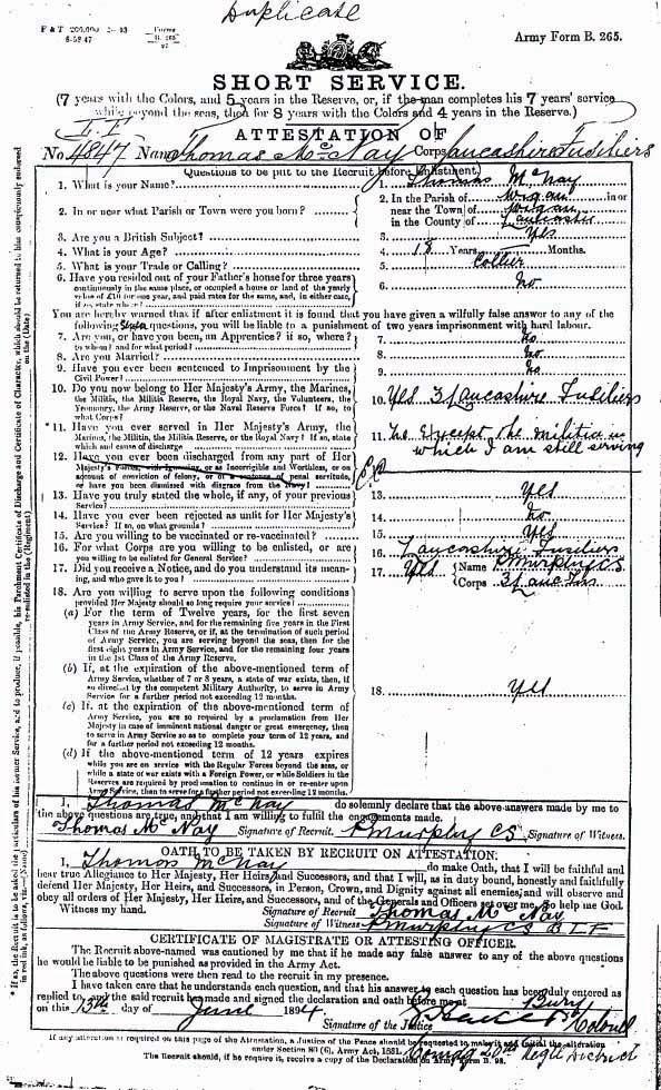 Private Thomas McNay Service Record Private Thomas McNay Service Record