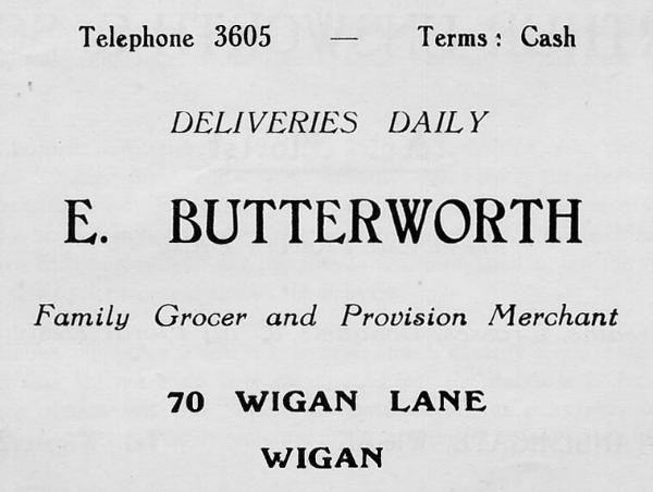 E. Butterworth grocer, Wigan Lane, 1956. E. Butterworth grocer, Wigan Lane, 1956.
