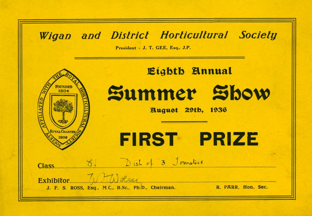 Prize card for Wigan & District Horticultural Society