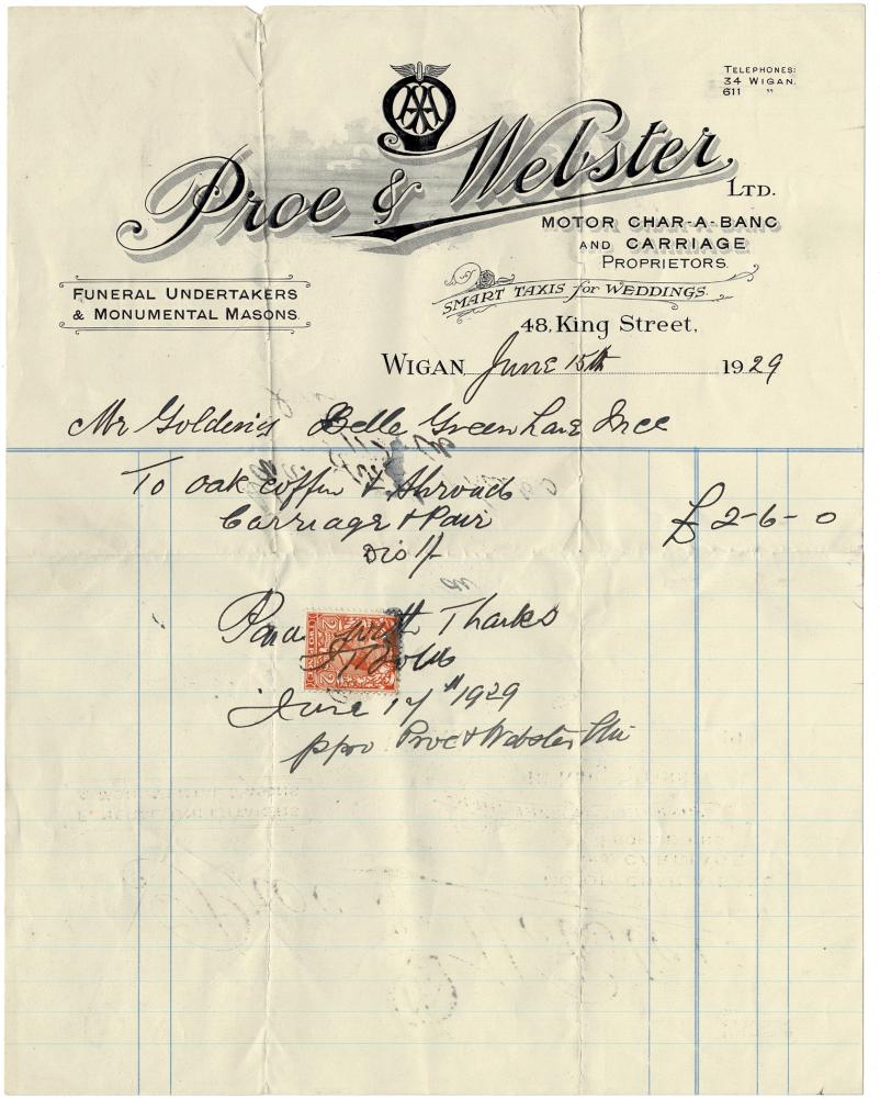 Proe & Webster Undertakers King St. Invoice 1929