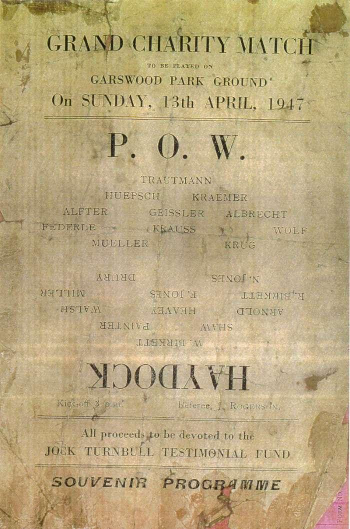 Charity match programme, Haydock v POW's, Garswood Park 1947.