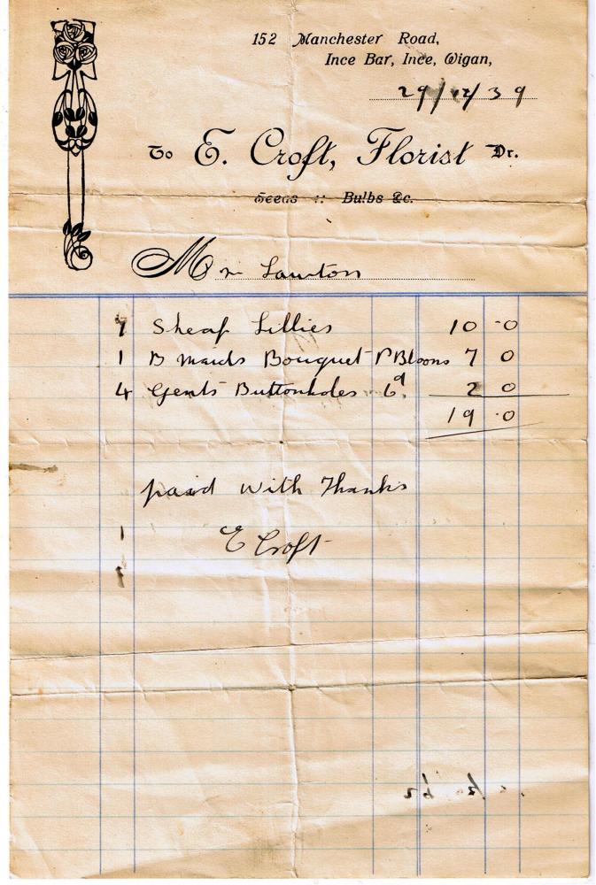 1939 receipt for wedding flowers. 1939 receipt for wedding flowers.