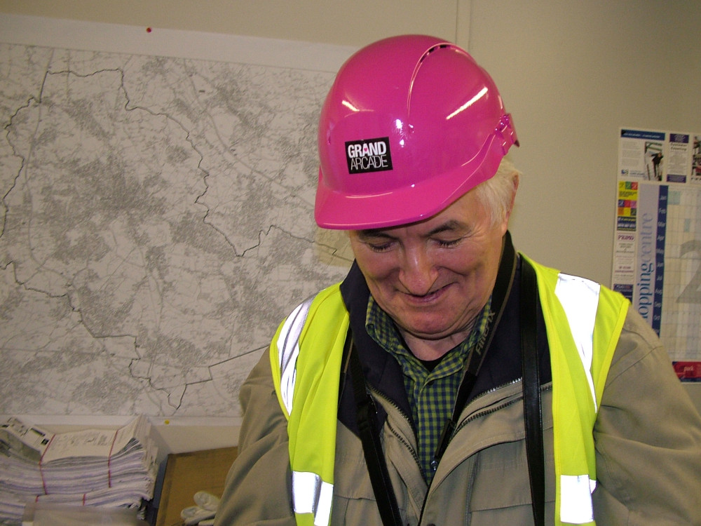 David suited and booted for a tour of the Grand Arcade