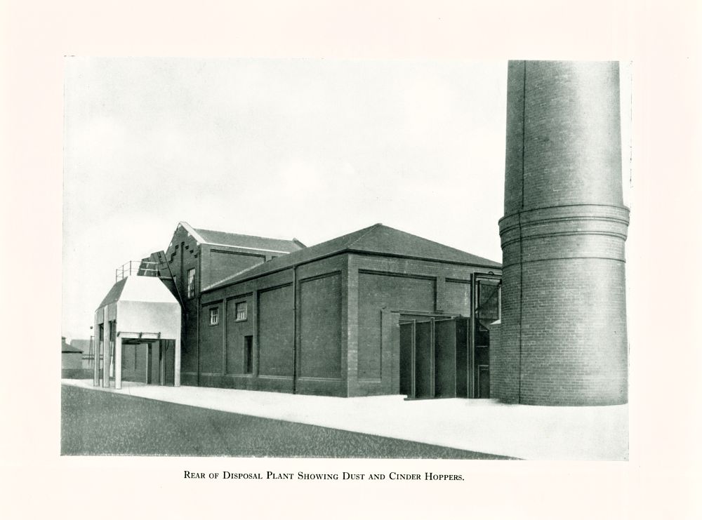 Rear of disposal plant showing dust and cinder hoppers