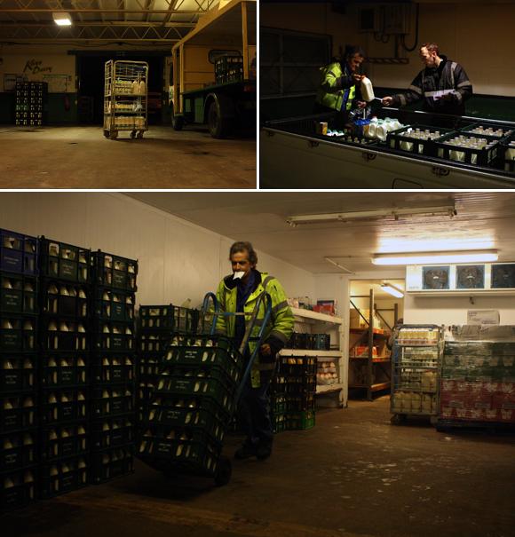 Milkman Mike Downey loading the milk - then being check on the stock by dairy foreman Mark Kay / 2012